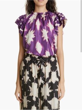 Ulla Johnson Purple and Cream Ruffle Sleeve Blouse
